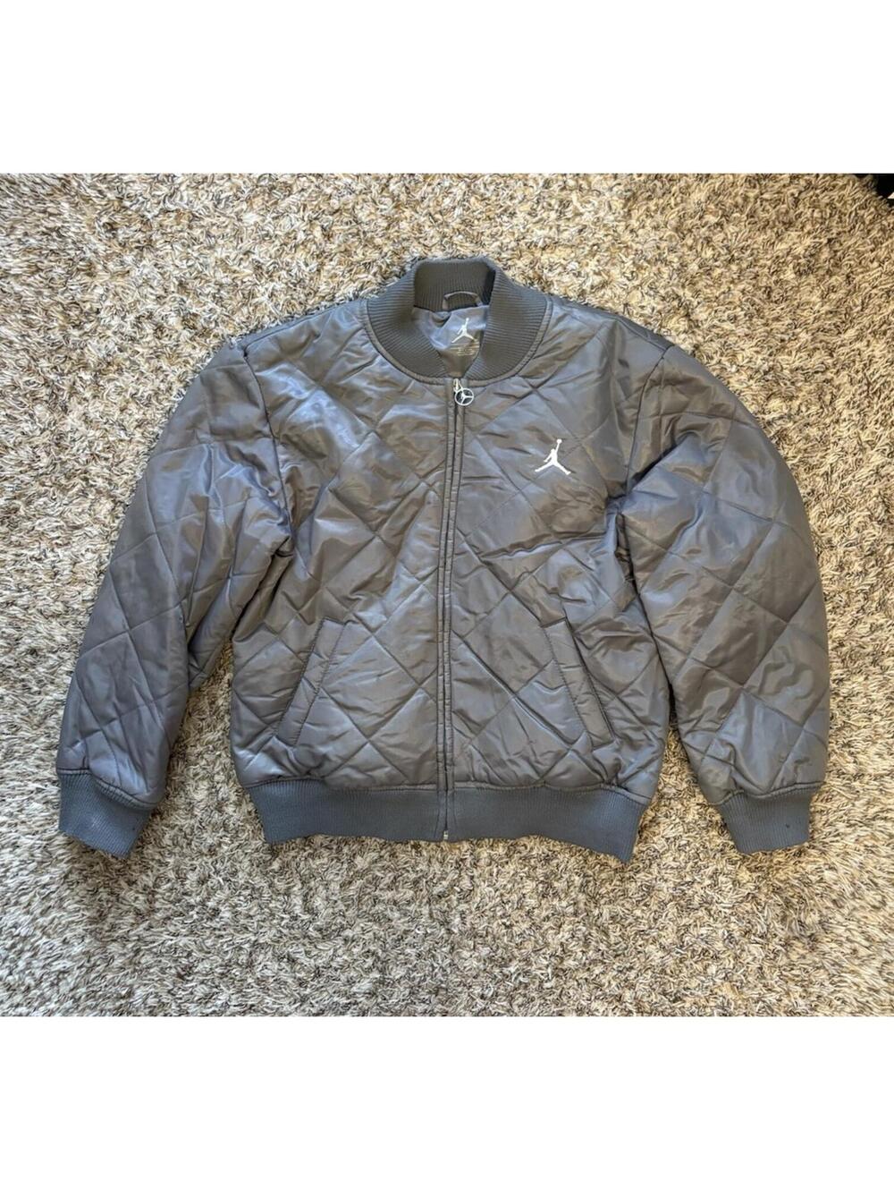 Jordan Boys' Quilted Gray Diamond Bomber Jacket Long Sleeve Logo Large 16/18